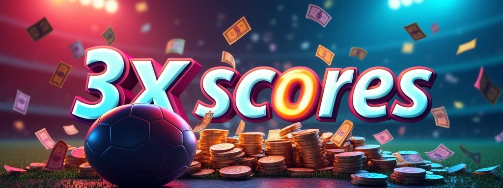 Design a vibrant promotional banner for a football betting mobile application. The banner should feature a football and a smartphone, with colorful bills and coins flowing out of the phone, representing big wins and excitement. The overall theme should capture the thrilling world of football gambling. Ensure that the app name '3xscores' is prominently displayed in bold, eye-catching text, styled as a logo. The logo design should include dynamic elements like a football icon or a trophy, with vibrant colors that emphasize energy and excitement.
