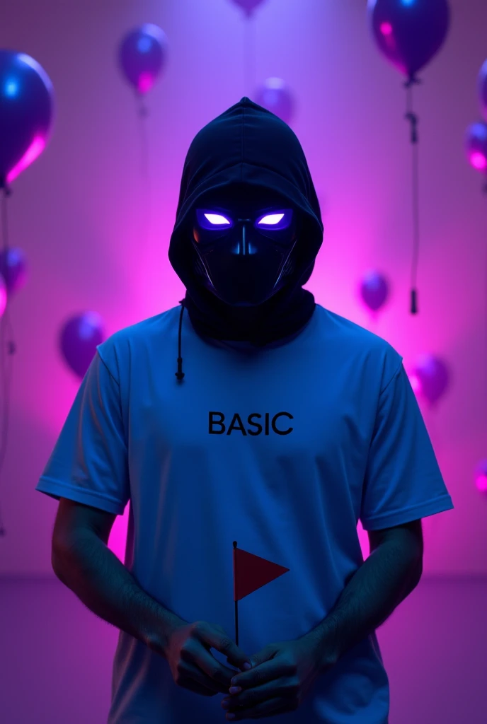 A man with eyes violet lights use hacker mask, wearing a light blue t-shirt that says BASIC and carrying a red and white flag, in the background stage with ballon violet.