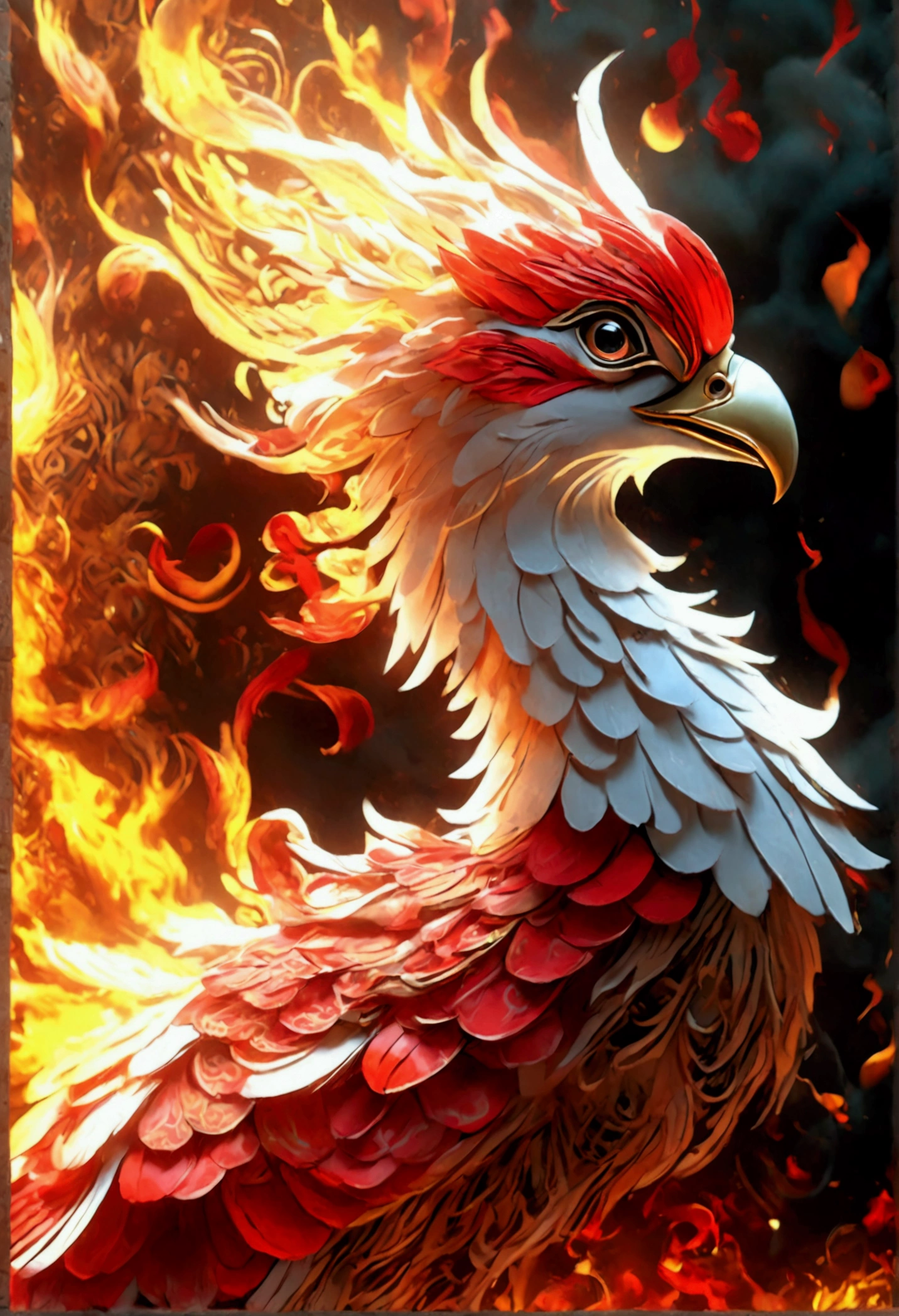 a mythical fire phoenix, in Folk Art style, featuring china red traditional motifs. Beautiful cinematic lighting, surreal, color graded, dynamic movement, captivating chiaroscuro, (special effects:0.1), full body, award-winning, cinematic still, emotional, vignette, dynamic, vivid, (masterpiece, best quality, photorealistic, Professional, perfect composition, very aesthetic, absurdres, ultra-detailed, intricate details:1.3)