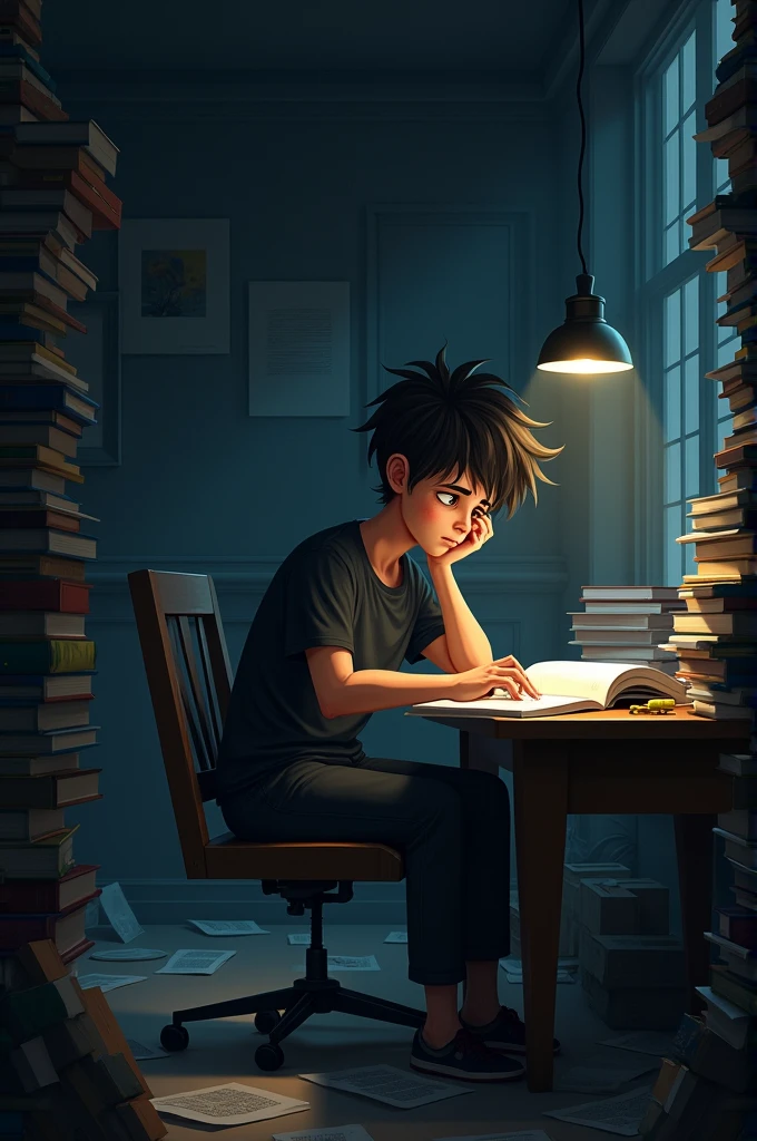 The room is small, cluttered with books and papers. A single dim light hangs from the ceiling. Abishe, a young man with messy hair and tired eyes, sits at his desk, staring blankly at an open textbook.