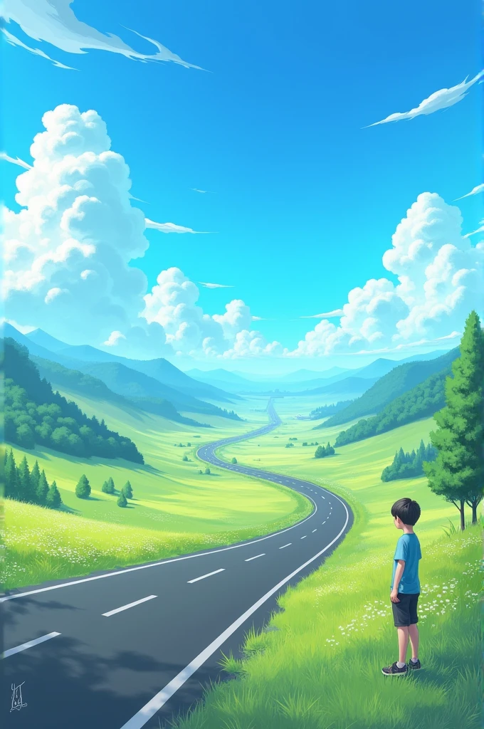 Make a image of highway and one boy on ther