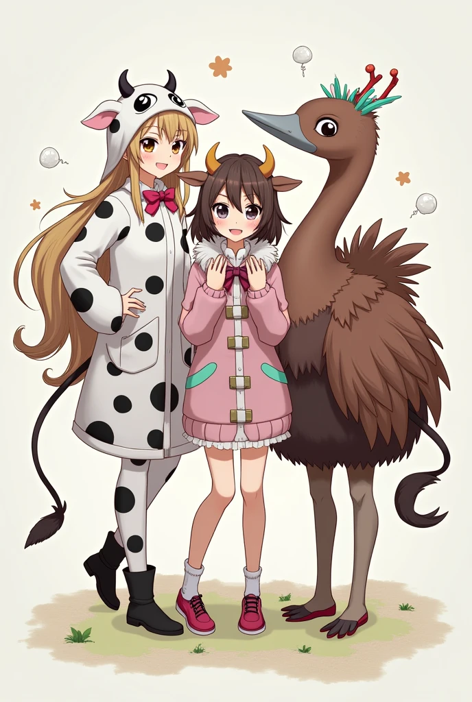 Three anime girls one dressed up as cow one dressed like brown ostrich 3Rd one dressed normally