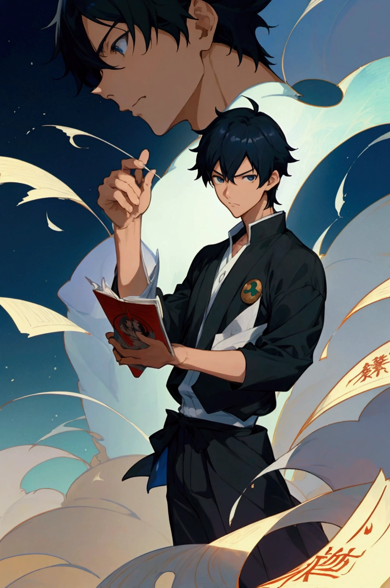 An anime character holding a scroll、The scroll has Japanese writing on it., Makoto Shinkai and Artgelm, Makoto Shinkai and Tom Bagshaw, yusuke murata and makoto shinkai, Two handsome anime men, Anime PostersMovie StillsPortrait, Official Art, Anime portrait of a handsome man, hijikata toushirou,Reading the Scrolls