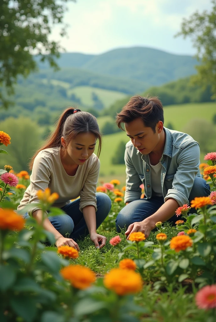 Generate image of a couple, taking care of a garden, but very scared of grasshoppers destroying the flowers.