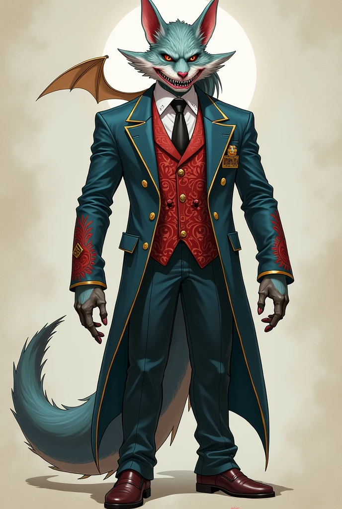 Tall male, bat ears, bat wings, shark tail, fox fur on the cheeks, fox fur on some parts of the body, shark teeth, he's wearing a suit with red paterns, full body picture, he has a pony tail hairstyle