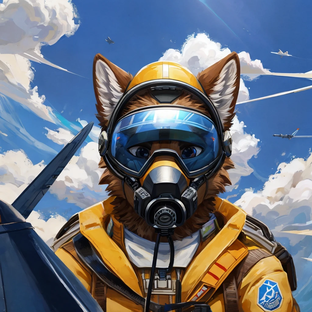 Fighter jet cockpit, front view, furry, art, canine, brown fur, fluffy, fighter pilot helmet, black semitransparent visor on, fighter pilot oxygen mask on, clouds, another fighter jet chasing him behind