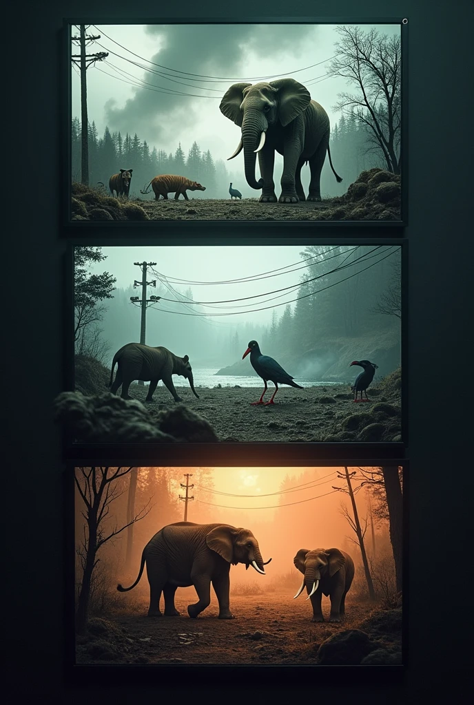 Make a screen with the three themes: Threats to wild animals:
Trafficking, deforestation/fires, power lines.