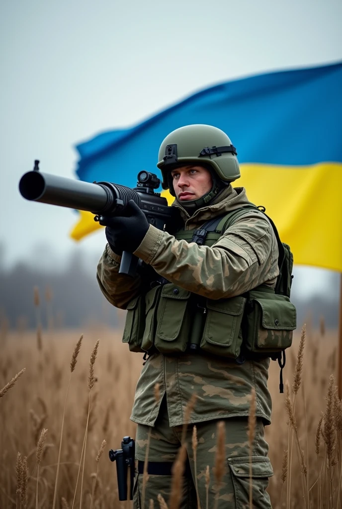 ukrainian soldier lunching anti-tank missile of yellow-blue ukrainian flag