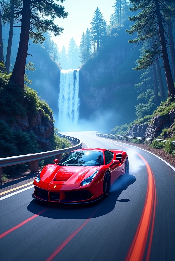 A red car driving on road with blue trees near road and waterfall also