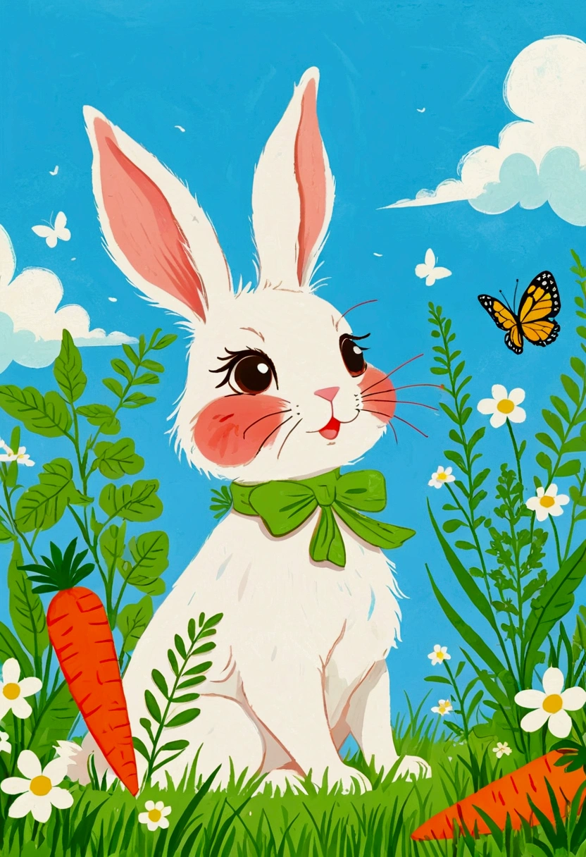 Illustration of a rabbit with a green patch of grass and plants, Digital Art by Relja Penezic, cute,shutter, Furry Art, Rabbit and plants,carrot,Butterfly,Rabbit design, Illustration of a rabbit, Drawn in a whimsical style, Colorfull illustration, cute的插图, Blue sky and white clouds