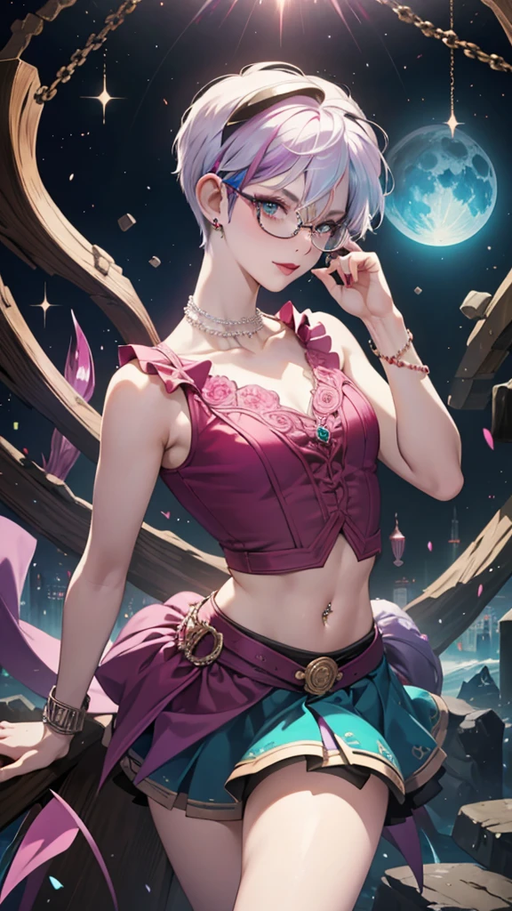 short beautiful adult women, chubby, tan skin, blue eyes, freckles, short pixie cut hair, messy hair, pink hair, big round glasses, (shiny tan skin), cute, jacket falling off, skirt, leggings, heels, open cleavage tank top, visible cleavage, freckles on chest, beauty marks on body,