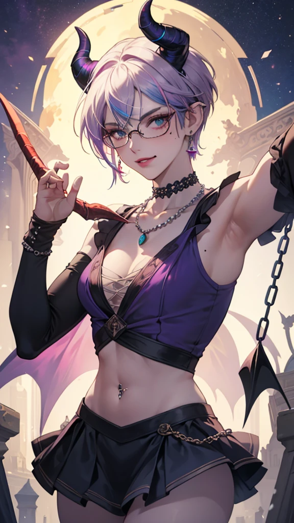 8k, masterpiece, best quality, highly detailed, 1 girl, tiefling, warlock, pixie cut, multicolored hair, very short straight hair red highlight hair on white hair, strippled hair, wearing glasses, round glasses, earrings, navel piercing, red eyeshadow, long eyelashes, blushed cheek, red lips, pearl necklace, rings, collarbone, mole on face, glamorous, teal and purple clothes, sleeveless, miniskirt, smirk, close up view, rings, looking at viewer, demon horns, solo, starry sky, pale blue moon, standing, boxing stance, demonic arms, chains on the background.