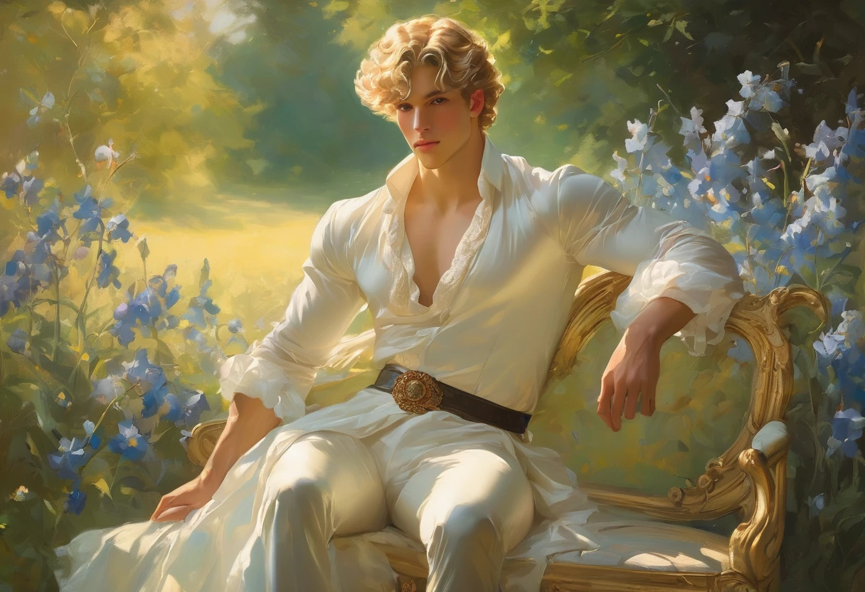 candid an full body photo of prince charming, 2 male supermodel, attractive and exotic, short curly blonde hair, a masculine appearance with slender smooth body, delicate and symmetrical face, natural olive skin tone, pose sitting on garden, holding flower, inspired by Irises by Vincent Van Gogh 18, he is wrapped in classical drapery sheer pastel color fabric, with flowing dramatically in the strong wind, some fabric to billow as if caught, The composition include mythological elements, such as a backdrop of a serene with a golden sunrise and nymphs to frame the scene. Illuminate the scene with soft diffused lighting to create a dreamlike, celestial atmosphere, capturing the delicate interplay of light and shadow on his face and body. ((full body shot)), wide-angle lens on a high-resolution DSLR camera to capture the grandeur and intricate details of the setting, while shooting from a dynamic angle to emphasize the model's majestic presence. The overall mood should blend the classical elegance of Botticelli's work with a modern, high-fashion aesthetic, producing an image that feels both timeless and contemporary, adding the Two Cherubs in the sense to balance and harmony the photo, evoke the soft ethereal quality of the Renaissance style, POV, raw photo, ((masterpiece)), ((best quality)), High Resolution, (ultra_realistic), (photorealistic), (NSFW), ((Pay attention to the layer and arrangement of body and surrounding)), ((Pay attention to the body composition)), ((Correct body structure)), ((Correct distance)), romantic atmosphere, lively extremely Gorgeous background,