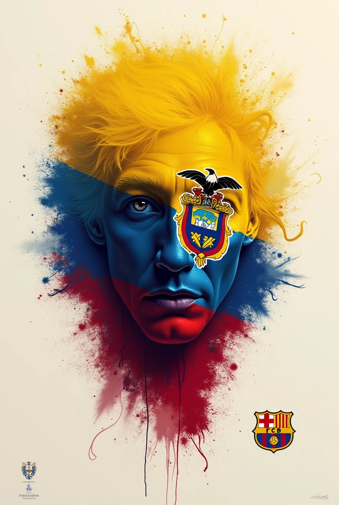 A design divided into two halves. The upper half has the colors of the flag of the Ecuadorian national team. Ecuador (yellow, blue and red) and half the colours of FC Barcelona 