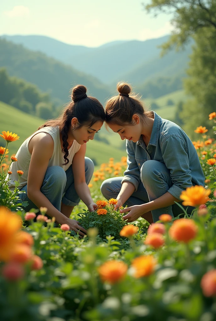 Generate image of a couple, taking care of a garden, but very scared of grasshoppers destroying the flowers.