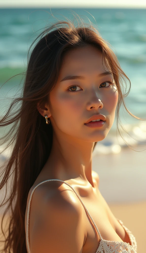 Beautiful woman with long hair on the beach