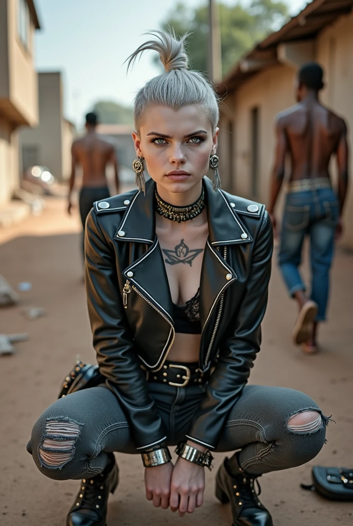 russian milf woman, grey hair (pouf, shaved sides and top bun and shaved sides) and wide colourful bandana as headband, with very light blue eyes, extremely pale. Wearing cropped black moto jacket with studded collar, lots of zippers and pins, black push up bra with white seams , dark skinny blue jeans with holes in knees and dirty white tennis sneakers . Studded Choker. Lots of metallic bracelets and collars. Tacky wide studded leather belt with oversized skull and bones buckle. Long bohemian earrings with feather. Kneeling like in a payer, looking at the camera, humble facial expression. Hands on her knees, showing off bracelets and rings. studded black leather tote bag with chains on the floor, next to her..  Listening in amazement to somebody speaking to her, toned six pack abdominals, thin neck, slim legs and thin arms. Tattoed heavily.  Dirt street in Kenian village full of waste. A lot of tanned shirtless men in jeans around looking at her. next to her, all her belongings scattered on the floor: makeup kit, little makeup mirror, studded black leather tote bag, lipstick, wallet, moble etc on the floor