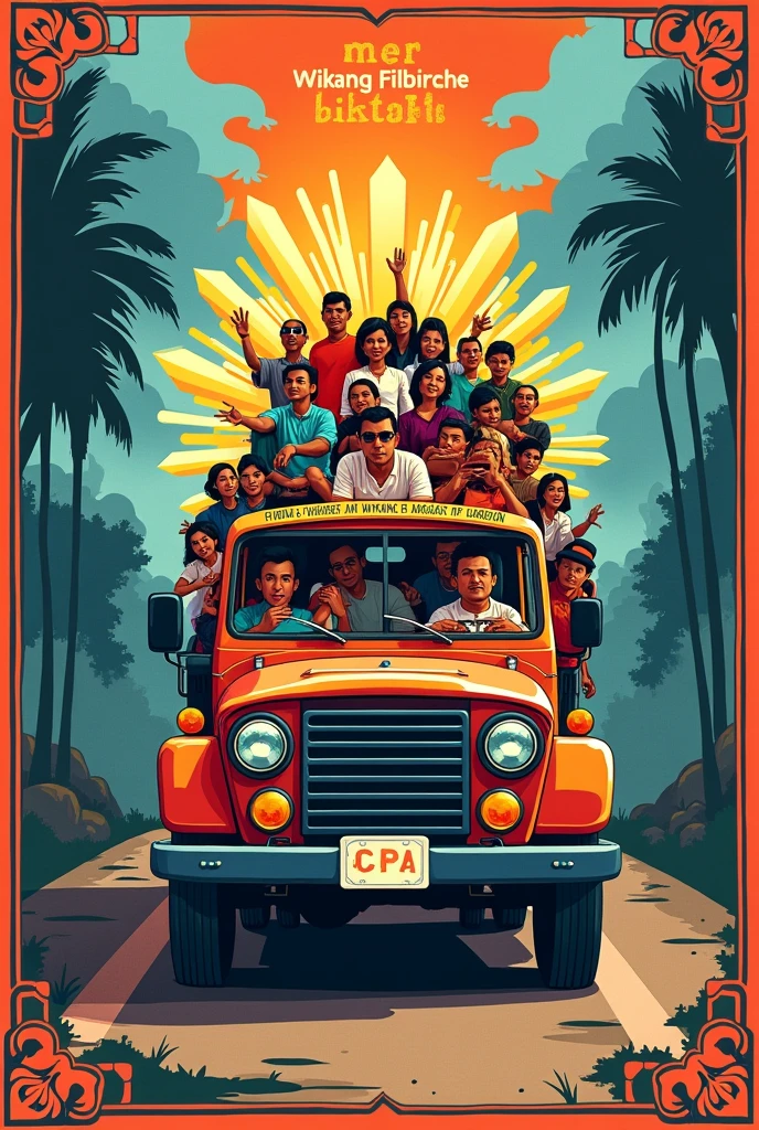 A jeepney filled with people from different regions of the philippines and a split image, with one side featuring baybayin script and the other side in modern filipino, both saying "wikang pilipino, wikang mapagpalaya"" and also a stylized rising sun with the colors of the philippines flag, surrounded by baybayin and modern filipino character in a poster style draw