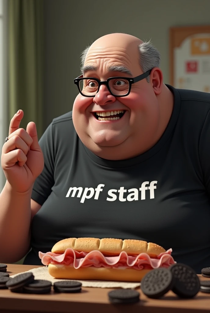 white male, baldie, fatter, cheeky, wrinkled face, Large belly, with glasses, eating baguette bread with ham with several Oreo cookies on a table, wearing a black shirt with the word written on it "MPF STAFF" In Portuguese.