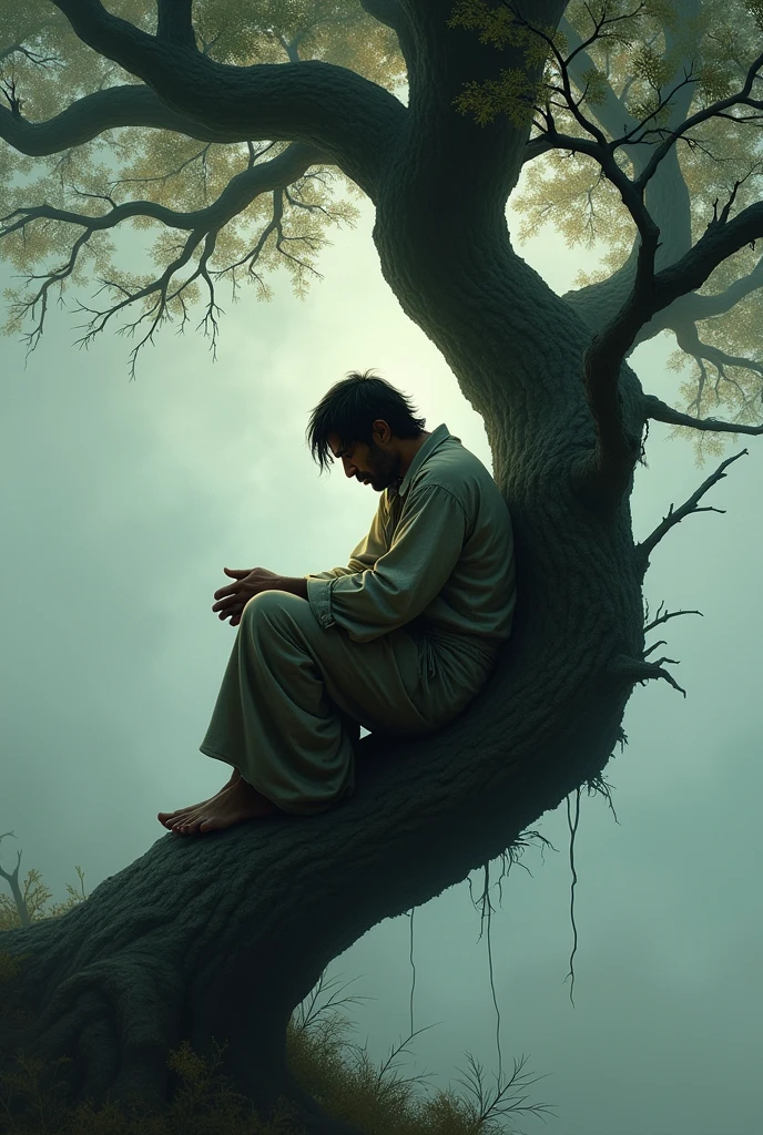 Poor man sad moment in tree