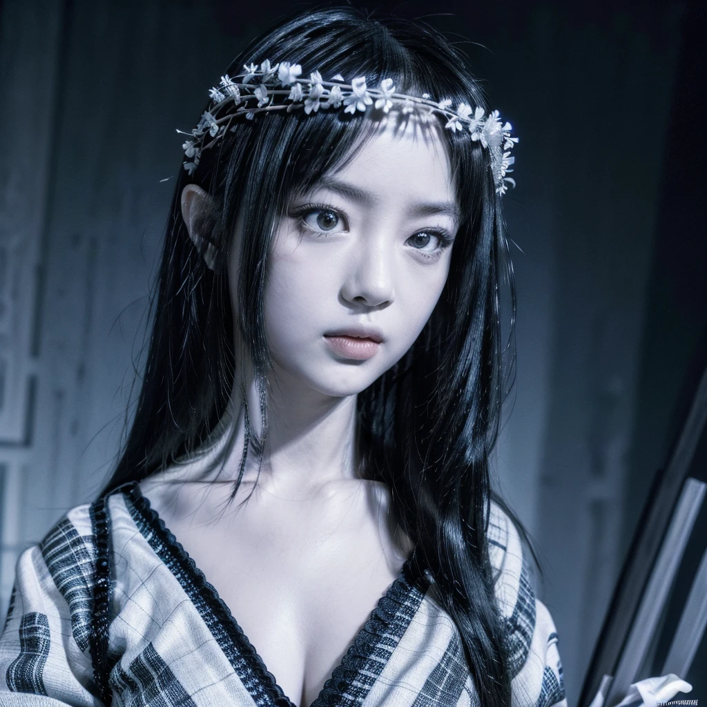 Stingy, Genshin Impact, Absurd,High resolution,Super detailed,ultra-Detailed Background,Detailed Background,Very detailed,One person,bouquet,(Tangled:1.2),(Geometric:1.2) Black and white color palette, monochromatic, big , Cleavage, Side bust, lingerie, Realistic depiction