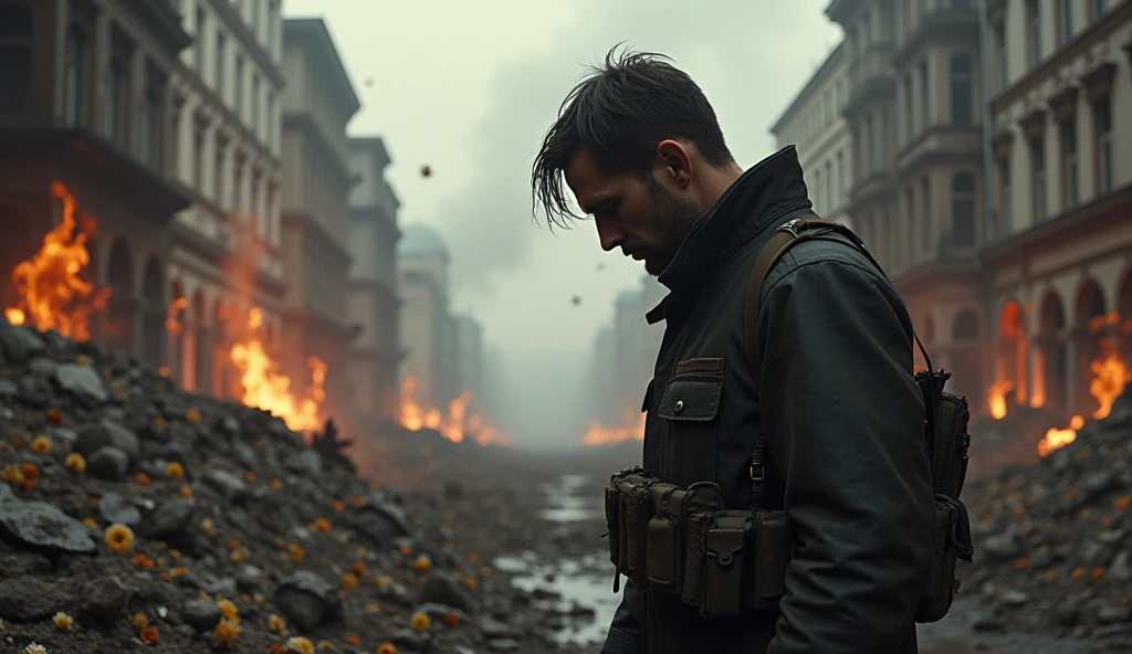 2024; (masterpiece, best quality) destroyed city (Moscou); flowers on the ground; 1sad man looking Down(close-up); bombs falling from the sky.; fire around.