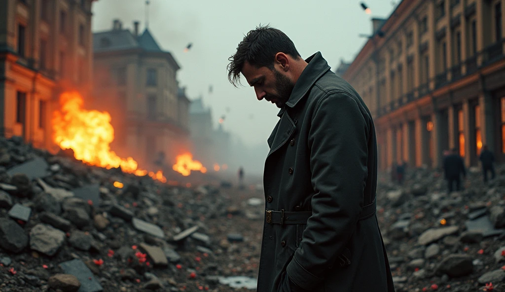 2024; (masterpiece, best quality) destroyed city (Moscou); flowers on the ground; 1sad man looking Down(close-up); bombs falling from the sky.; fire around.