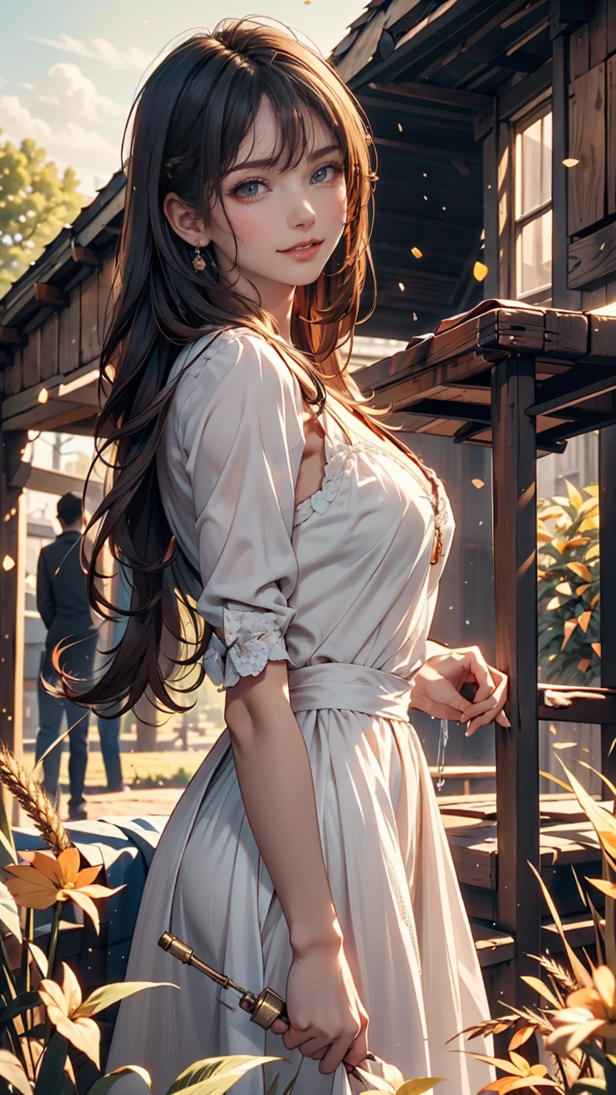 masterpiece, Great work, Daytime, Outdoor, Falling Flowers, White Dress, 1 person, Perfect Woman, Woman with long silver and white hair, Gray blue eyes, Pale pink lips, cold, Severe, Van, Purple eyes, White clothes, Black Apparel Line, Delicate face, Beautiful Face, Standing Bow, Tassel, The Knot of Happiness, smile
