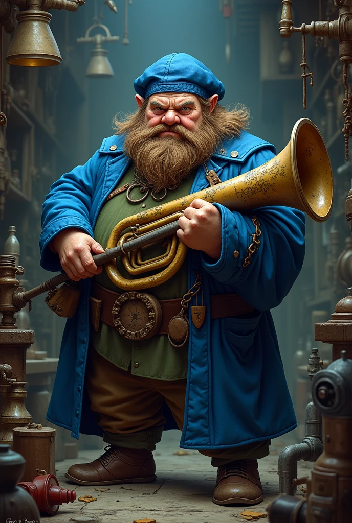 Grumpy dwarf with tuba instrument and blue clothes and hat
