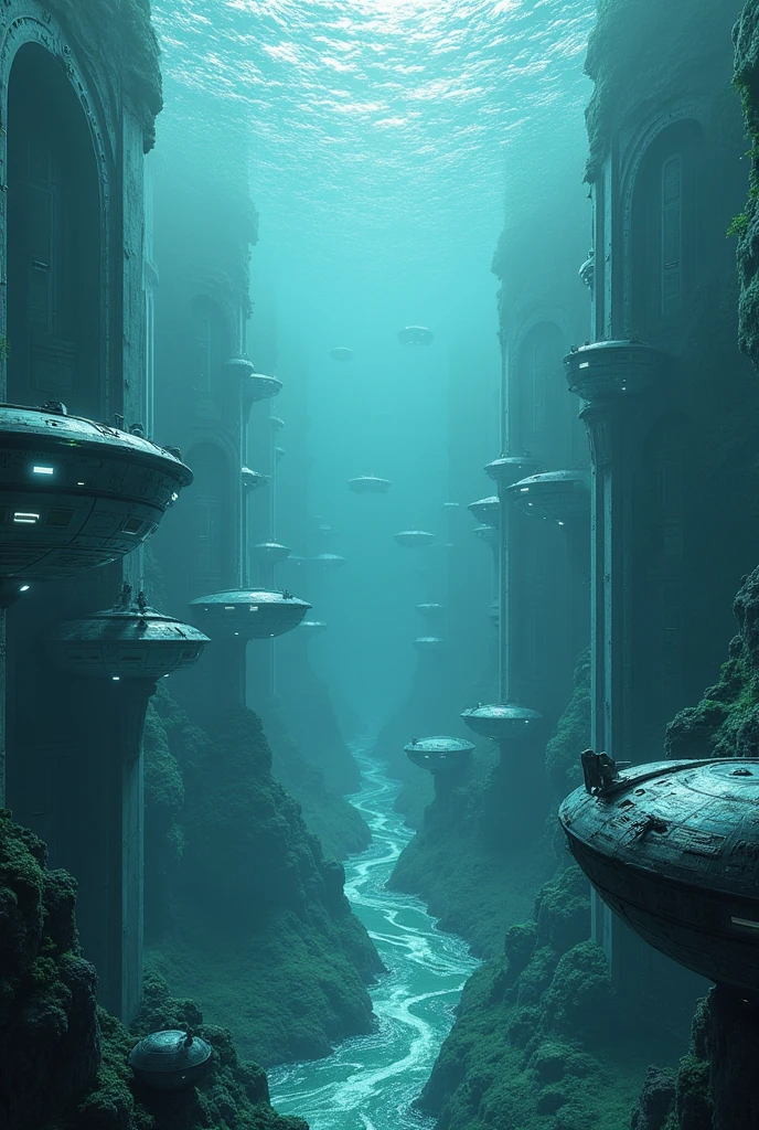 Create an image that looks like a technological universe, All set in an aquatic multiverse that is devoid of life forms.