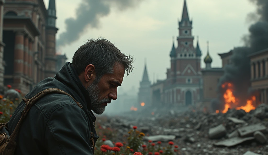 2024; (masterpiece, best quality) destroyed city (Moscou); flowers on the ground;1sad man looking Down(close-up); bombs falling from the sky.; fire around.