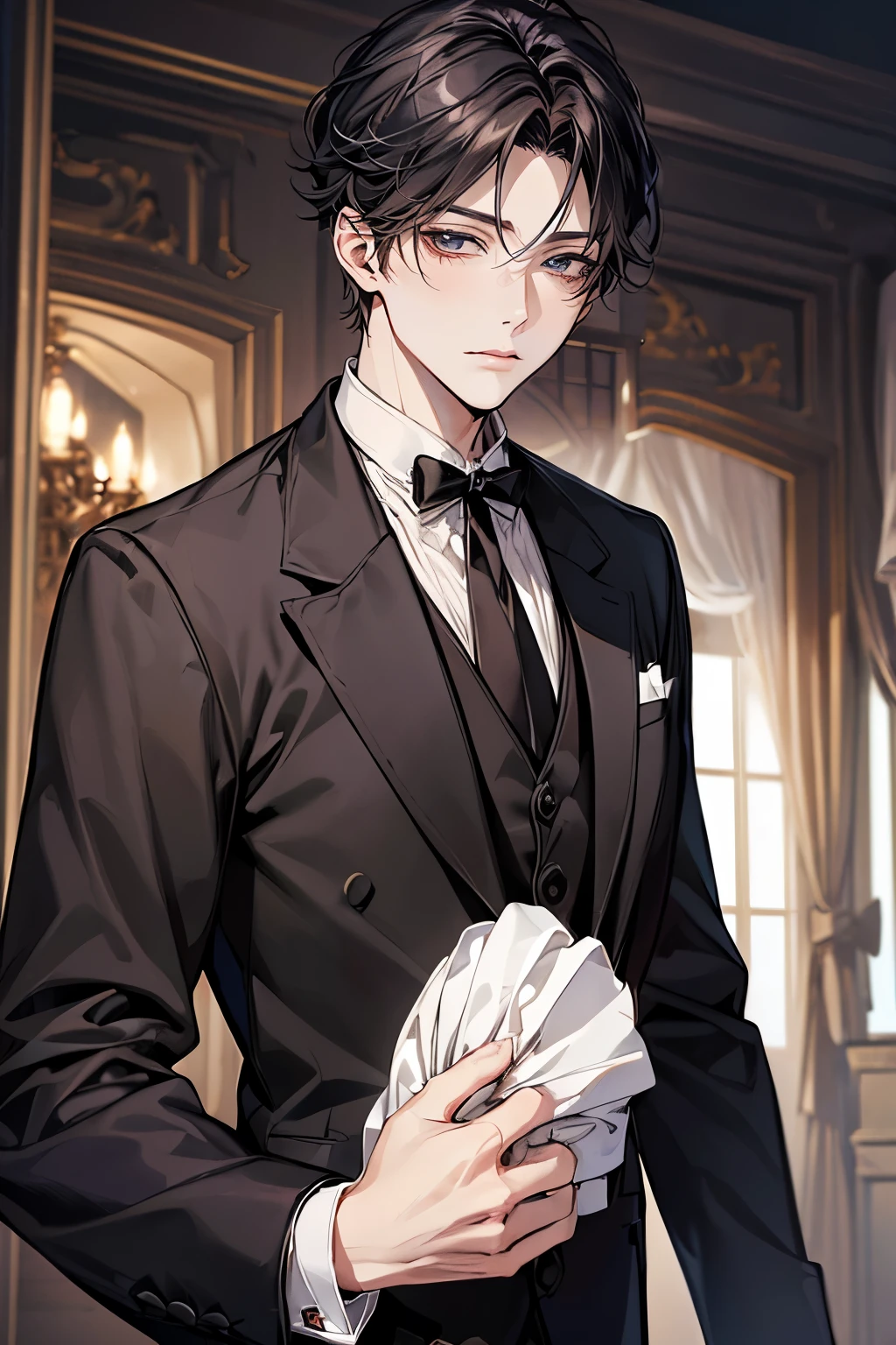 (Mastepiece)、(Best Quality)、Very detailed、((Two friendly butlers:1.4))、Perfect Face、Beautiful Face、Very detailedな顔、(Black-haired butler:1.3)、(White-haired butler:1.3)、Deacon's uniform