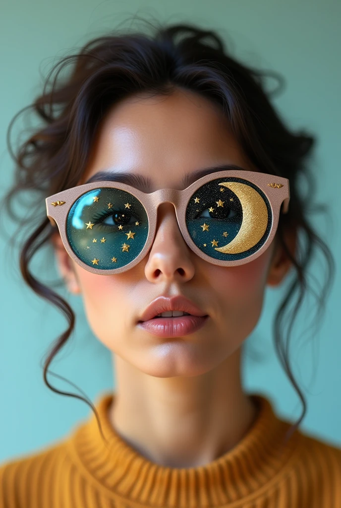The model is wearing glass sunglasses with stars and the moon on the glass