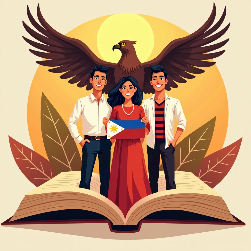 Create a traditional and modern logo for Buwan ng Wika (National Language Month) featuring three people smiling with bright teeth, brown skin tone, standing close together popping from a book in the BACKGROUND, wearing traditional Filipino attire, and a philippine eagle in the back spreading out its wings. The central figure, a girl in a traditional Filipino dress consisting of a blouse (Baro) and a red skirt (Saya), holds the Philippine flag. The two accompanying figures, one boy in a dirty white blouse-black shiny pants and the other one boy in tribal attire(red and black stripes), overall 3. Use the colors of the Philippine flag and any other colors that represent the topic. The composition should be in a fish point of view. (warm tone) (golden hour) (close up)
