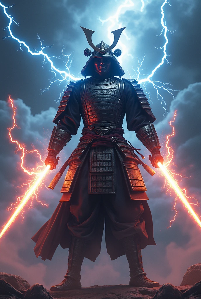 A samurai with lightning bolts and light tubes in his hands