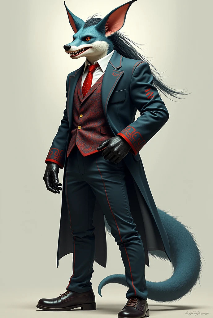Tall male, bat ears, bat wings, shark tail, fox fur on the cheeks, fox fur on some parts of the body, shark teeth, he's wearing a suit with red paterns, full body picture, he has a pony tail hairstyle, he's a human being



