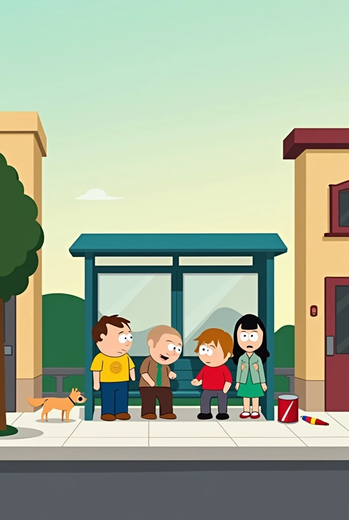 A simple 2d stop motion animated sitcom scene (como south park) which represents a bus stop