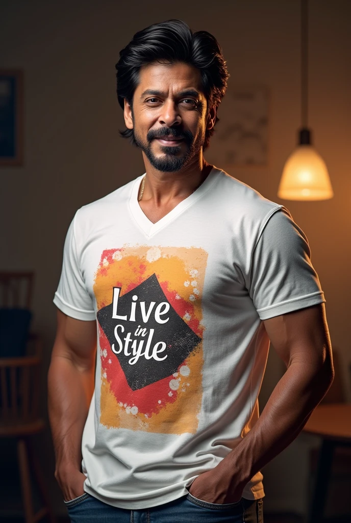 Srk wereing t-shirts brand called live in style