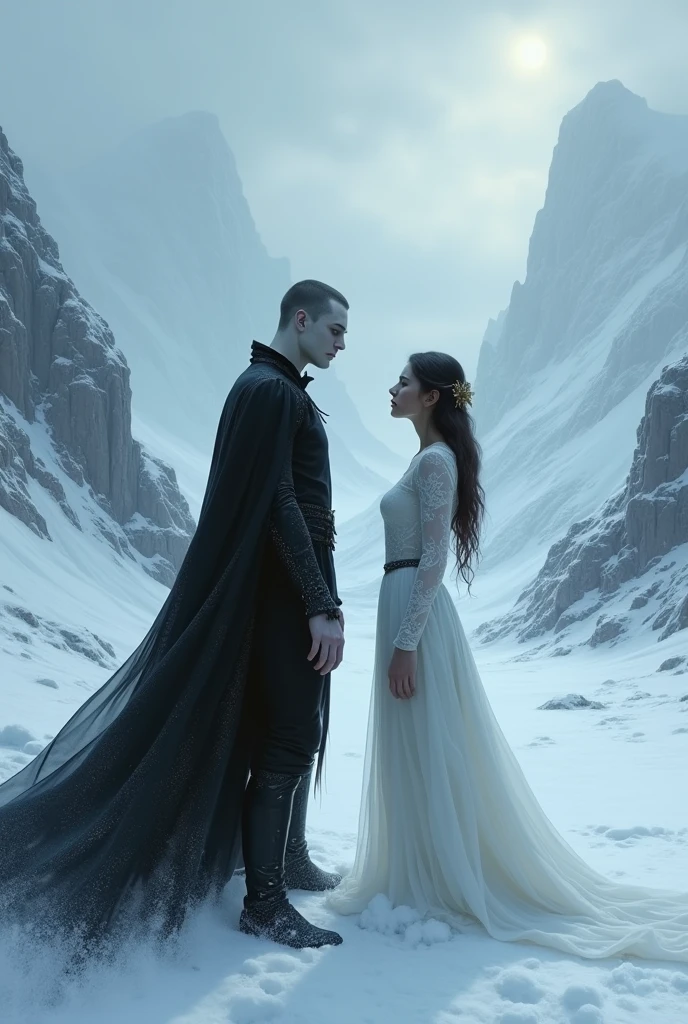 A cover for a novel called A Frozen Winter. He is a vampire and she is human, let the background be snow