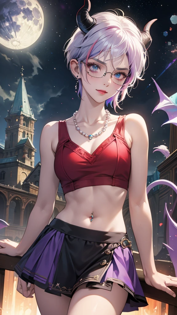 8k, masterpiece, best quality, highly detailed, 1 girl, tiefling, warlock, pixie cut, multicolored hair, very short straight hair red highlight hair on white hair, strippled hair, wearing glasses, round glasses, earrings, navel piercing, red eyeshadow, long eyelashes, blushed cheek, red lips, pearl necklace, rings, collarbone, mole on face, glamorous, teal and purple clothes, sleeveless, miniskirt, smirk, close up view, rings, looking at viewer, demon horns, solo, starry sky, pale blue moon, standing, boxing stance, demonic arms, chains on the background.