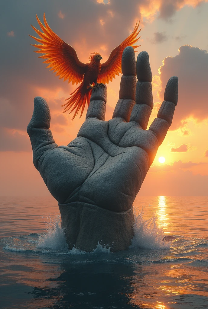 A stunning scene of a colossal stone hand emerging from the center of the ocean, It resembles a rugged mountain. The hand is huge, with fingers extended, and the texture is detailed with cracks and rough surfaces, Like an ancient rock. A majestic phoenix, with fire red and gold feathers, It gracefully rests on one of the fingers, with its wings partially extended, adding a sense of life and myth to the scene. Sunlight from a dramatic sunset filters through the gaps between your fingers, projecting golden rays onto the water and creating an impressive contrast of light and shadow. The ocean around the hand is calm but thoughtful, Capturing the colors of the sunset. The sky is filled with warm shades of orange, rosa, and purple, adding a sense of serenity and wonder to the scene. The overall composition is majestic and inspiring., combining the raw power of nature with surrealism, almost mythical atmosphere.