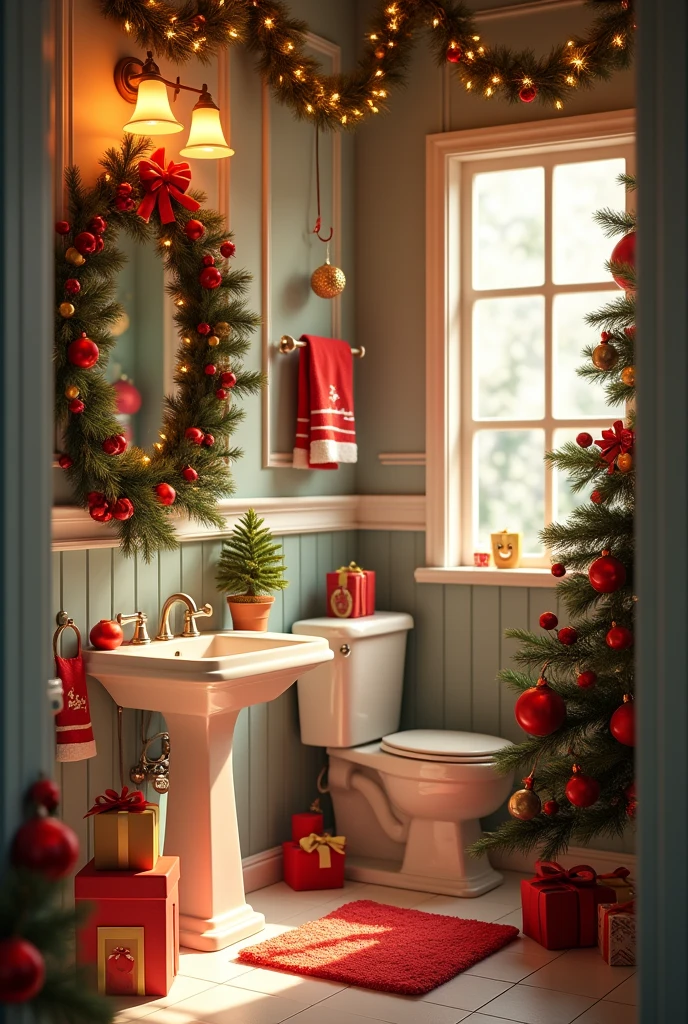 Create a picture of a bathroom decorated for Christmas