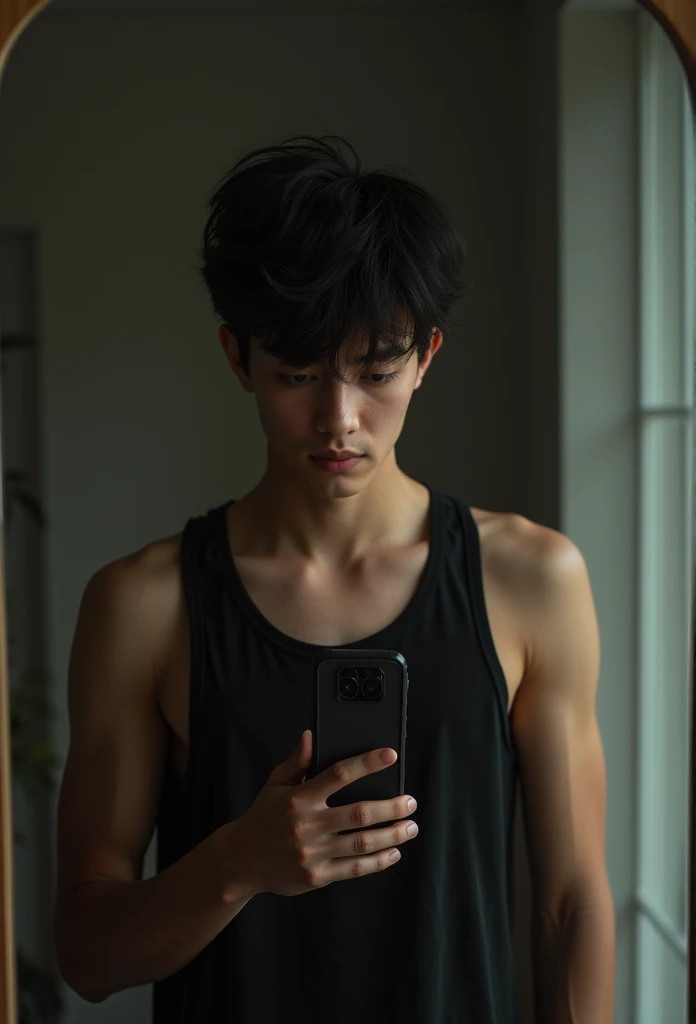 beautiful skinny boy, photo in front of the mirror holding his cell phone, wearing dark clothes, tanned, boy