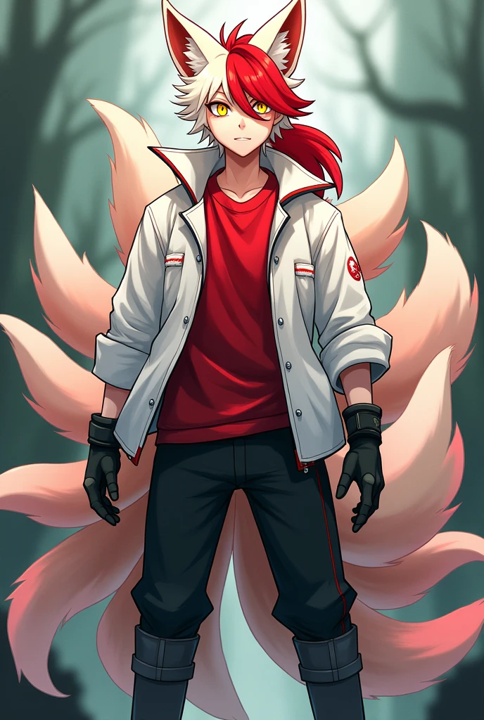 Create a Kitsune with half white and half red hair, with a ponytail, with bangs on the left side, yellow  eyes, eyes large, humanoid, with ears and nine tails, o nome dele é Kito Kaiiatsubaky, Men&#39;s White Windbreaker Jacket with Red Shirt, black pants and men&#39;s boots,with gloves, Personalidade: always cheerful and lively and willing to protect his friends and companions.