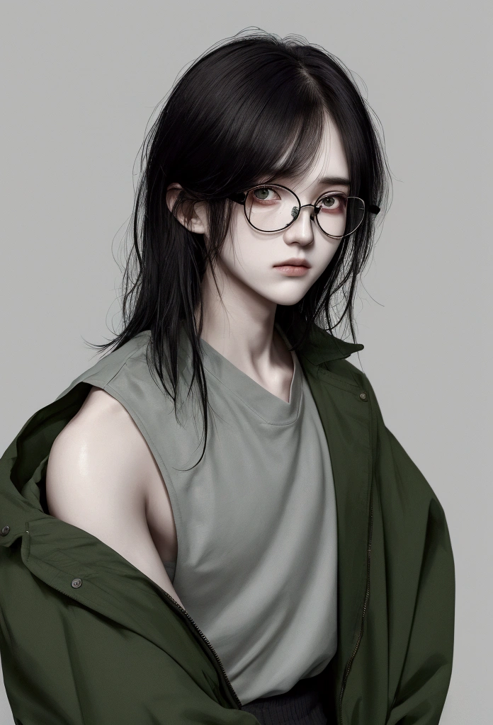 man character, slender body, pale skin, messy black shoulder-length hair, strong dark eye circles, green jacket, gray shirt, black round glasses, portrait, tired expression