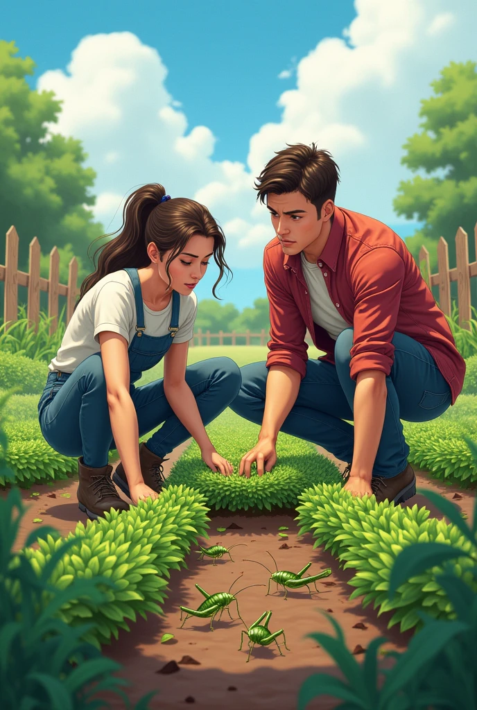 Generate image of a couple, taking care of a garden, but very scared of grasshoppers in the plantation.