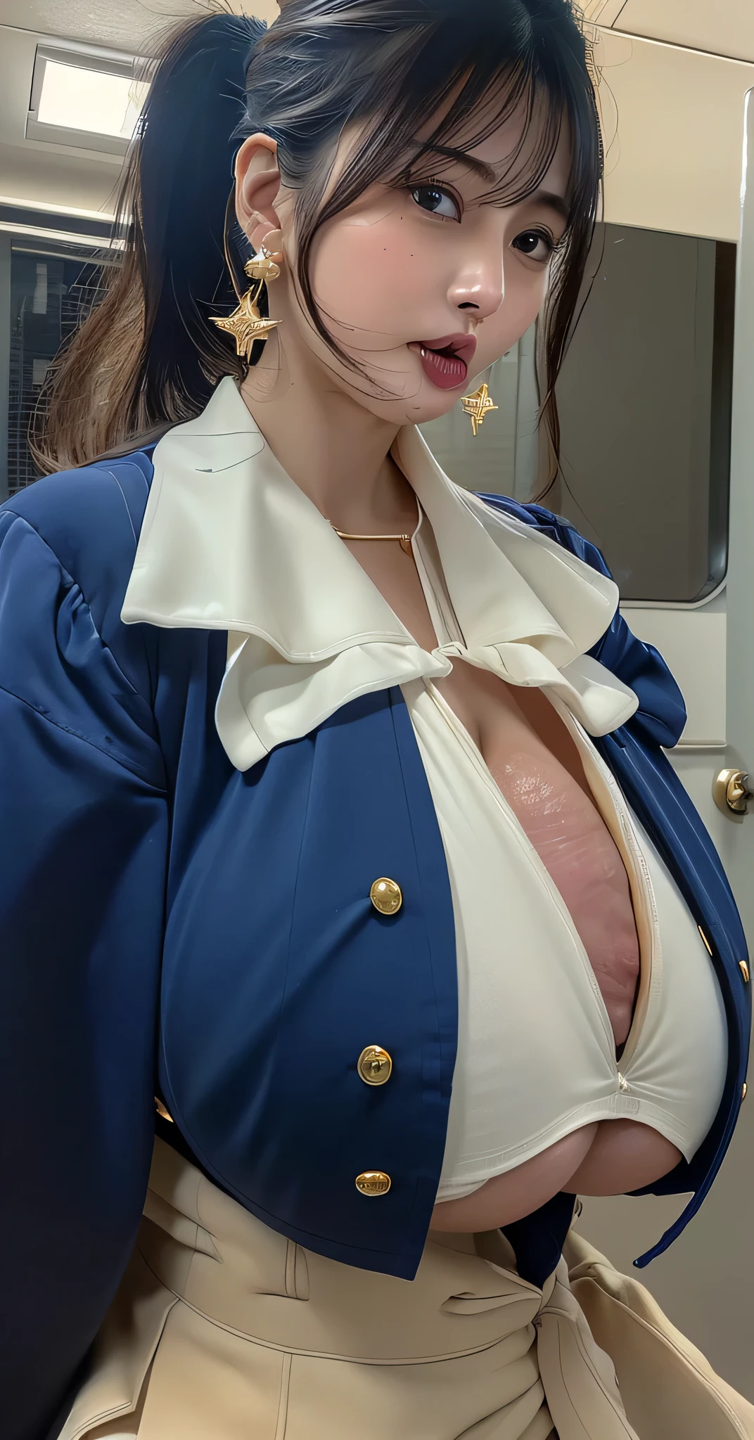 (8k,RAW Photos,Like the picture:1.45),masterpiece,Highest quality,wonderful,(セクシーなMature Woman:1),(Mature Woman:1.3), (2 woman.1.3)、(((very, very大きい)))、(((Extremely lewd and very huge boobs:1.85)))、(((Very deep cleavage)))、Hyper Real、In a private compartment on an express train、A beautiful and dignified smile、Beautiful white skin、Beautiful, delicate and precise skin texture、With long, fluffy, beautiful brown hair(ponytail:1.35)、Beautiful Japanese Women、(Big Ass)、Thick thighs、Bright red lips、Closed Mouth、Gold small star shaped earrings、Gold bracelet、Gold Necklace、{Dark royal blue suit((White blouse))}, ((((Extremely accurate anatomy))))
