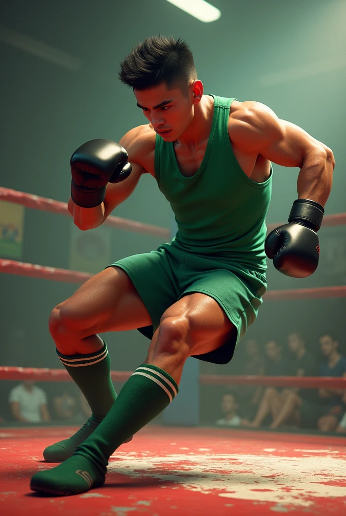 Mexican 20 year old kickboxer wearing green tank too shorts and knee high soccer socks