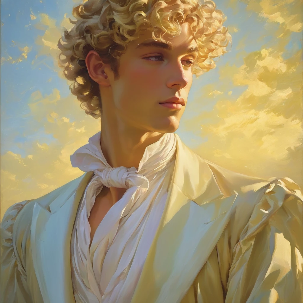 candid an half body photo of prince charming, 1 male supermodel, attractive and exotic, short curly blonde hair, a masculine appearance with slender smooth body, delicate and symmetrical face, natural olive skin tone, stand pose, (head up), closed eyes, side angle view, inspired by Irises by Vincent Van Gogh 18, he is wrapped in classical drapery sheer pastel color fabric, with flowing dramatically in the strong wind, some fabric to billow as if caught, The composition include mythological elements, such as a backdrop of a serene with a golden sunrise, sky background,   Illuminate the scene with soft diffused lighting to create a dreamlike, celestial atmosphere, capturing the delicate interplay of light and shadow on his face and body. ((full body shot)), wide-angle lens on a high-resolution DSLR camera to capture the grandeur and intricate details of the setting, while shooting from a dynamic angle to emphasize the model's majestic presence. The overall mood should blend the classical elegance of Botticelli's work with a modern, high-fashion aesthetic, producing an image that feels both timeless and contemporary, adding the Two Cherubs in the sense to balance and harmony the photo, evoke the soft ethereal quality of the Renaissance style, POV, raw photo, ((masterpiece)), ((best quality)), High Resolution, (ultra_realistic), (photorealistic), (NSFW), ((Pay attention to the layer and arrangement of body and surrounding)), ((Pay attention to the body composition)), ((Correct body structure)), ((Correct distance)), romantic atmosphere, lively extremely Gorgeous background,