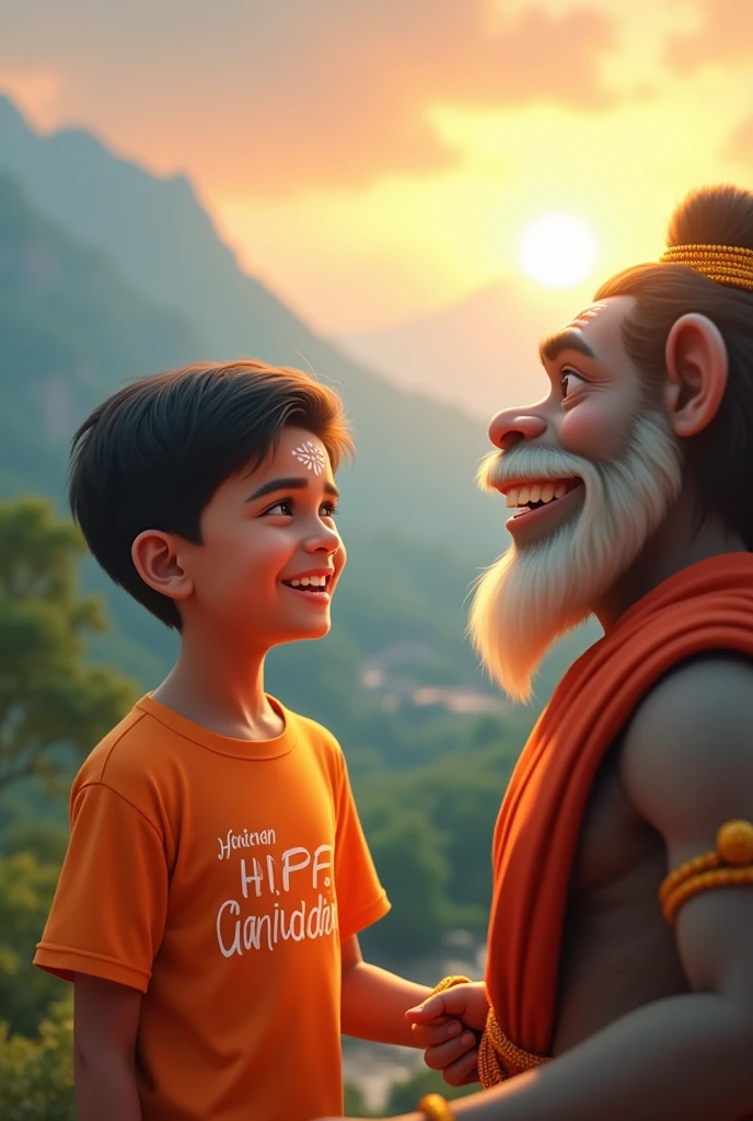 in 3d animation style A nice photo in which Hanuman and a boy are sitting with folded hands and the name Ankit is on his t-shirt.